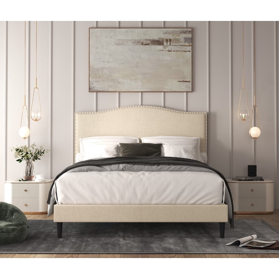 Home Design Manuel Twin Upholstered Platform Bed Frame with Nailhead Trim and Foam-Filled Headboard, Beige, Easy assembly