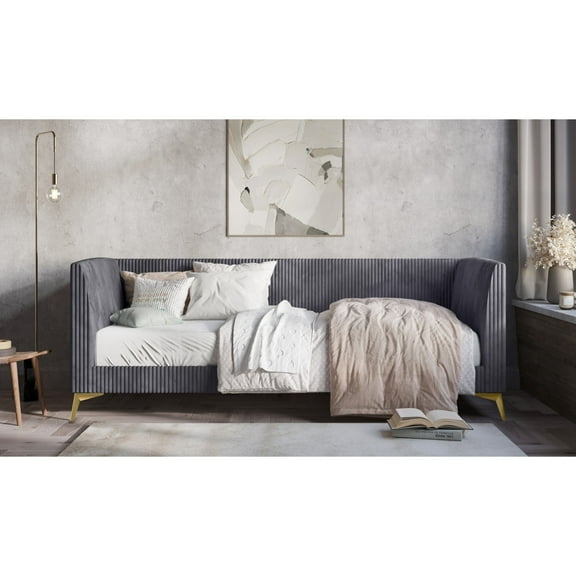 Home Design Elsie Twin Daybed with Corduroy Velvet Upholstery, Vertically Stitched Tufting, Stylish and Versatile Seating or Sleeping Solution, Gray