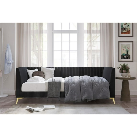 Home Design Elsie Twin Daybed with Corduroy Velvet Upholstery, Vertically Stitched Tufting, Stylish and Versatile Seating or Sleeping Solution, Black