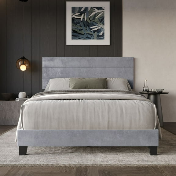 Home Design Vallejo Full Velvet Upholstered Panel Bed Frame For Adult, Box Spring Required, Silver Gray