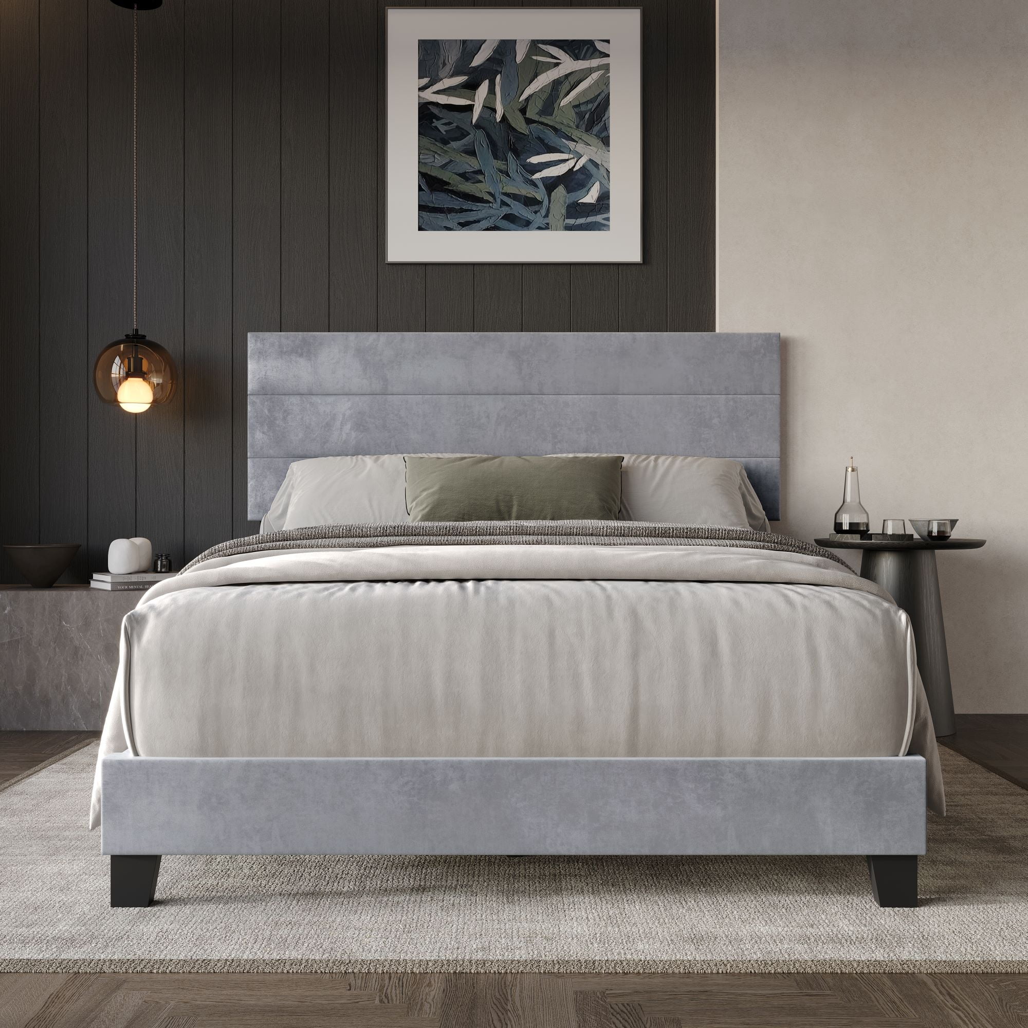 Home Design Vallejo King Velvet Upholstered Panel Bed Frame For Adult, Box Spring Required, Silver Gray