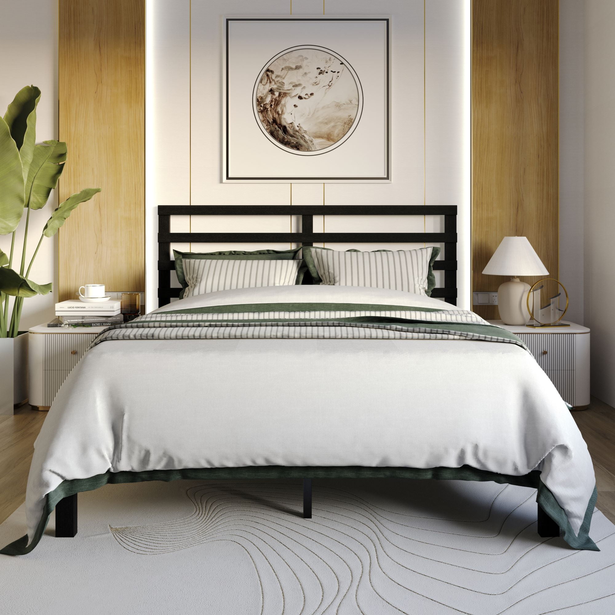 Home Design Winona Full Wood Panel Bed Frame with Slatted Headboard and Sturdy Legs, Black, Easy Assembly