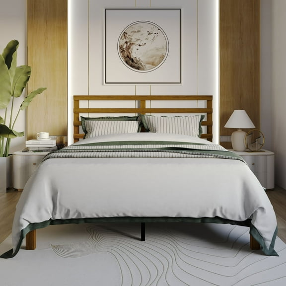 Home Design Winona Full Wood Panel Bed Frame with Slatted Headboard and Sturdy Legs, Brown, Easy Assembly