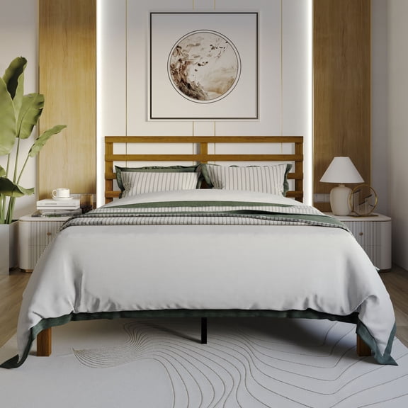 Home Design Winona Queen Wood Panel Bed Frame with Slatted Headboard and Sturdy Legs, Brown, Easy Assembly