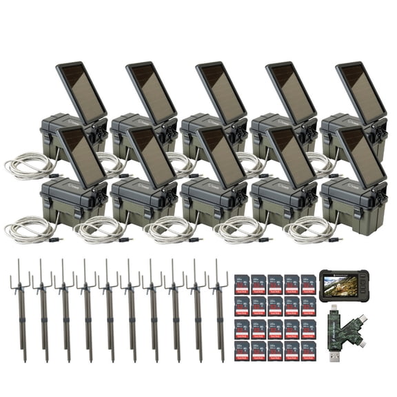 HME Trail Camera 12V with Solar Auxiliary Power Pack (10-Pack) Bundle with 10x SD Card Reader and Viewer, 10x Trail Camera Mount Stick, 20x 32GB Memory Card, and SD Card Reader (51 Items)