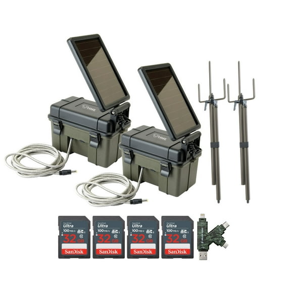 HME Trail Camera 12V with Solar Auxiliary Power Pack (2-Pack) Bundle with Trail Camera Mount Stick (2-Pack), 32GB Ultra SDHC UHS-I Memory Card (4-Pack), and SD USB 2.0 Card Reader (9 Items)