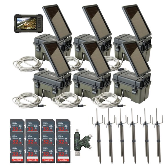 HME Trail Camera 12V with Solar Auxiliary Power Pack (6-Pack) Bundle with 6x SD Card Reader and Viewer, 6x Trail Camera Mount Stick, 12x 32GB Memory Card, and SD Card Reader (31 Items)