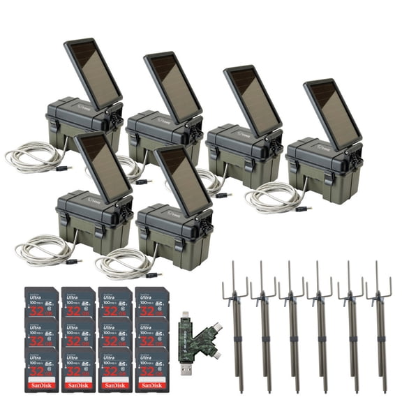 HME Trail Camera 12V with Solar Auxiliary Power Pack (6-Pack) Bundle with Trail Camera Mount Stick (6-Pack), 32GB Ultra SDHC UHS-I Memory Card (12-Pack), and SD USB 2.0 Card Reader (25 Items)