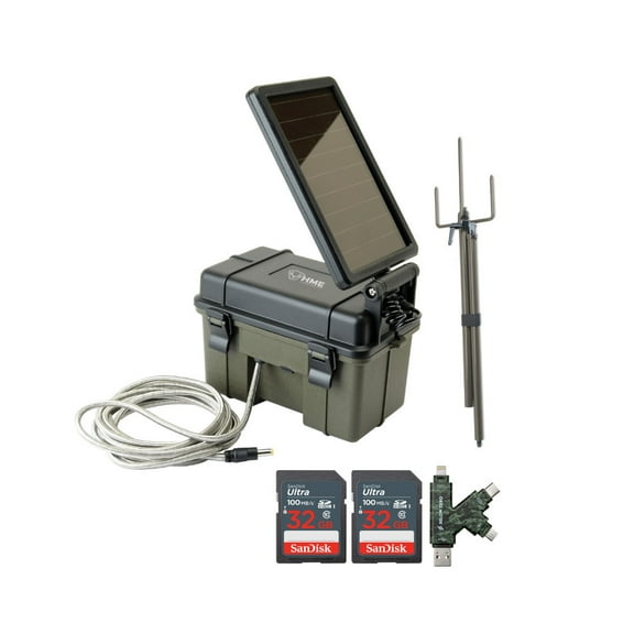 HME Trail Camera 12V with Solar Auxiliary Power Pack Bundle with Trail Camera Mount Stick, 32GB Ultra SDHC UHS-I Memory Card (2-Pack), and SD Card Reader (5 Items)