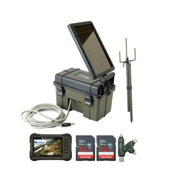 HME Trail Camera 12V with Solar Auxiliary Power Pack Bundle with SD Card Reader and Viewer, Trail Camera Mount Stick, 32GB Ultra SDHC UHS-I Memory Card (2-Pack), and SD Reader (6 Items)