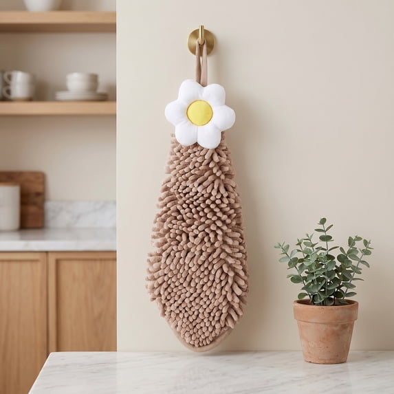 REGALWOVEN 1 Pack Chenille Hand Towel, Hanging Bathroom Hand Towels with Loops, Soft Absorbent Flower Towels Brown 6" x 15"