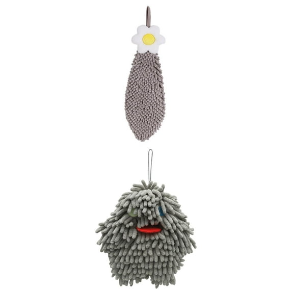 NOMADIC NOOK 2 Pack Chenille Hand Towel Hanging Bathroom Hand Towels with Loops, Soft Absorbent Flower Towels 6" x 15"/7" x 7" Grey/Grey-2