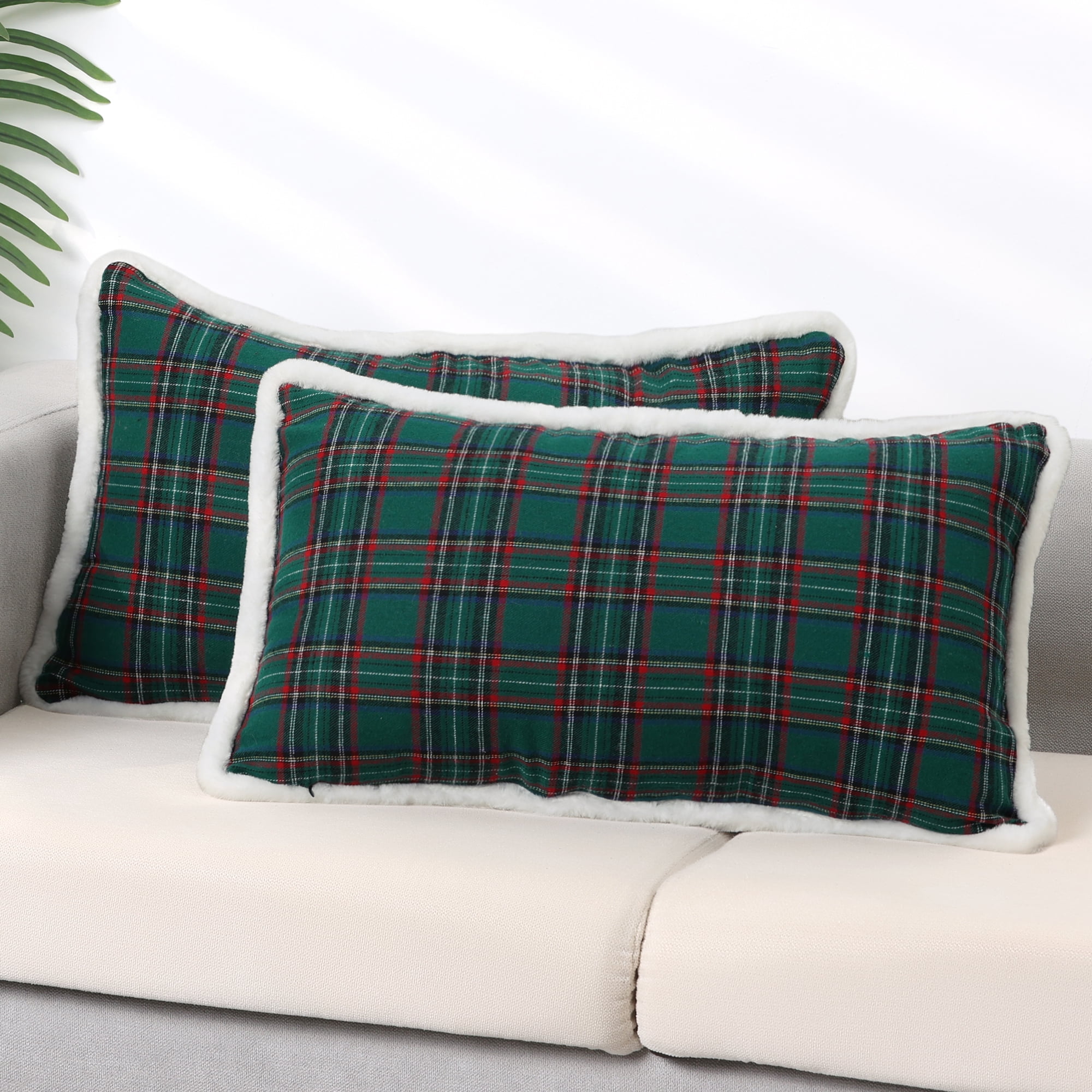 Green Plaid Cotton Polyester Rectangular Pillow Covers 12" x 20"