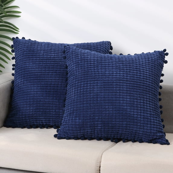 REGALWOVEN 2 Pcs Solid Corduroy Square Throw Pillow Covers, Boho Decorative Pillow Covers with Pom-poms Dark Blue 18' x 18'