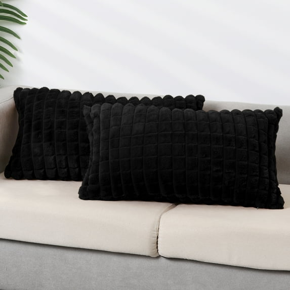 REGALWOVEN 2pcs Checked Faux Fur Plush Throw Pillow Covers Solid Soft Fuzzy Cozy Pillowcases Black 12" x 20"