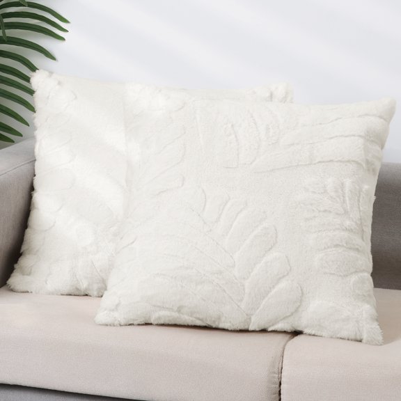 REGALWOVEN Basho Leaf Pattern Cushion Covers Solid Fluffy Plush Pillowcase 1 Pc Square Pillow Case White 18' x 18'