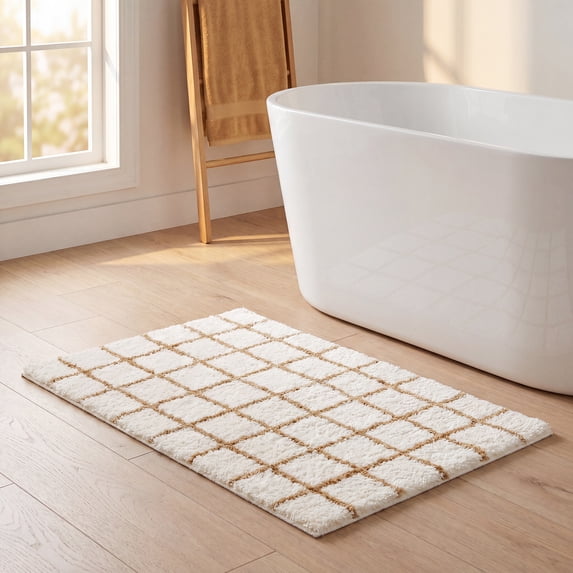 REGALWOVEN Checkered Non Slip Bath Mats, Soft Fluffy Absorbent Bathroom Rugs for Shower, Sink Brown-1 16" x 24"