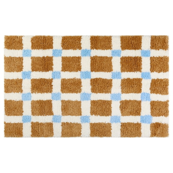 REGALWOVEN Checkered Non Slip Bath Mats, Soft Fluffy Absorbent Bathroom Rugs for Shower, Sink Brown-2 16" x 24"