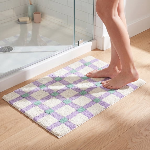 REGALWOVEN Checkered Non Slip Bath Mats, Soft Fluffy Absorbent Bathroom Rugs for Shower, Sink Purple Green 16" x 24"