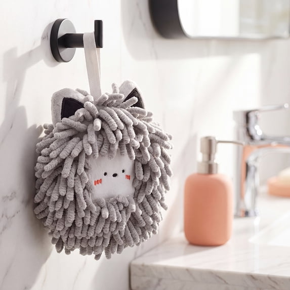 REGALWOVEN Chenille Fuzzy Ball Hand Towels Set of 1, Cute Decorative Hanging Hand Towel Absorbent Soft Towels for Bathroom, Kitchen Light Grey 7" x 7"