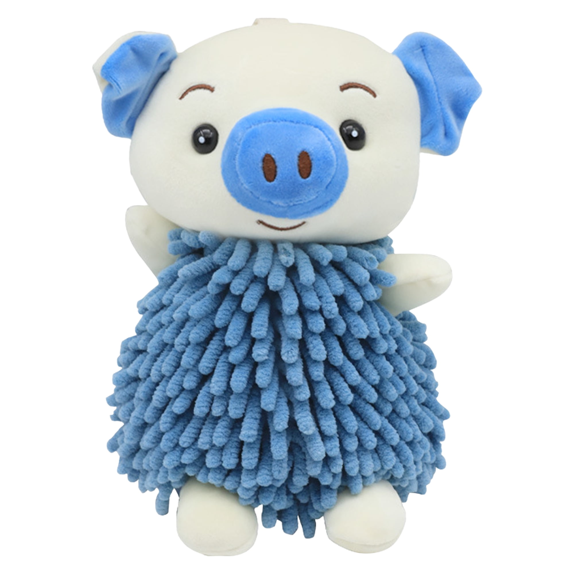 REGALWOVEN Cute Cartoon Piggy Chenille Plush Ball Hand Towels, 1 PC Soft Absorbent Hanging Hand Towel for Bathroom Kitchen Blue 7" x 11"