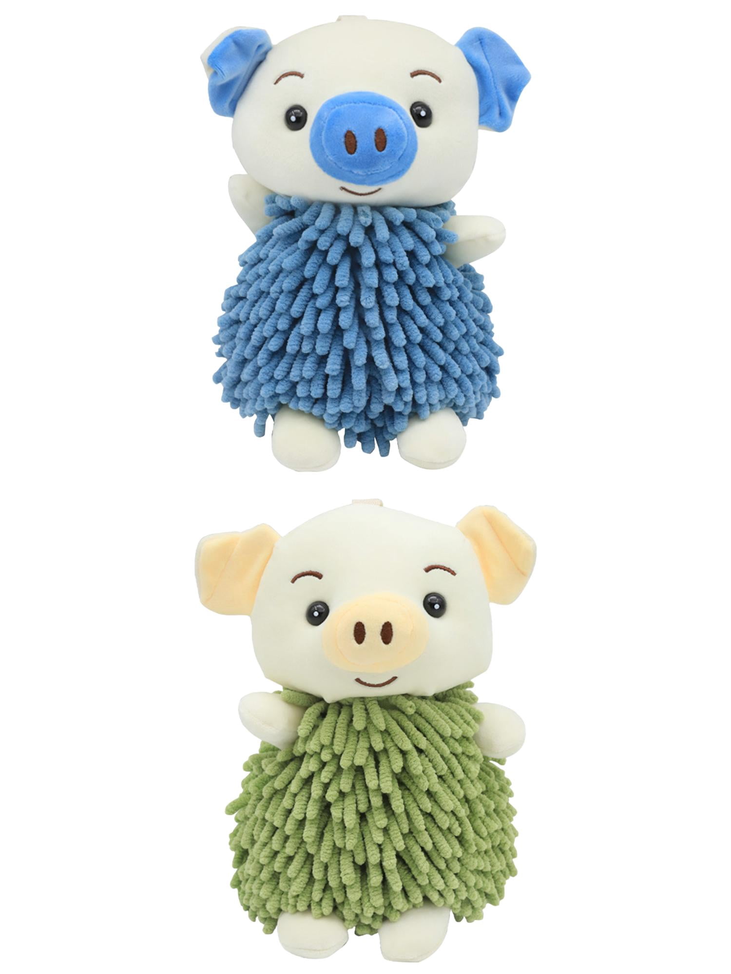 NOMADIC NOOK Cute Cartoon Piggy Chenille Plush Ball Hand Towels, 2 PC Soft Absorbent Hanging Hand Towel for Bathroom Kitchen 7" x 11" Blue/Green