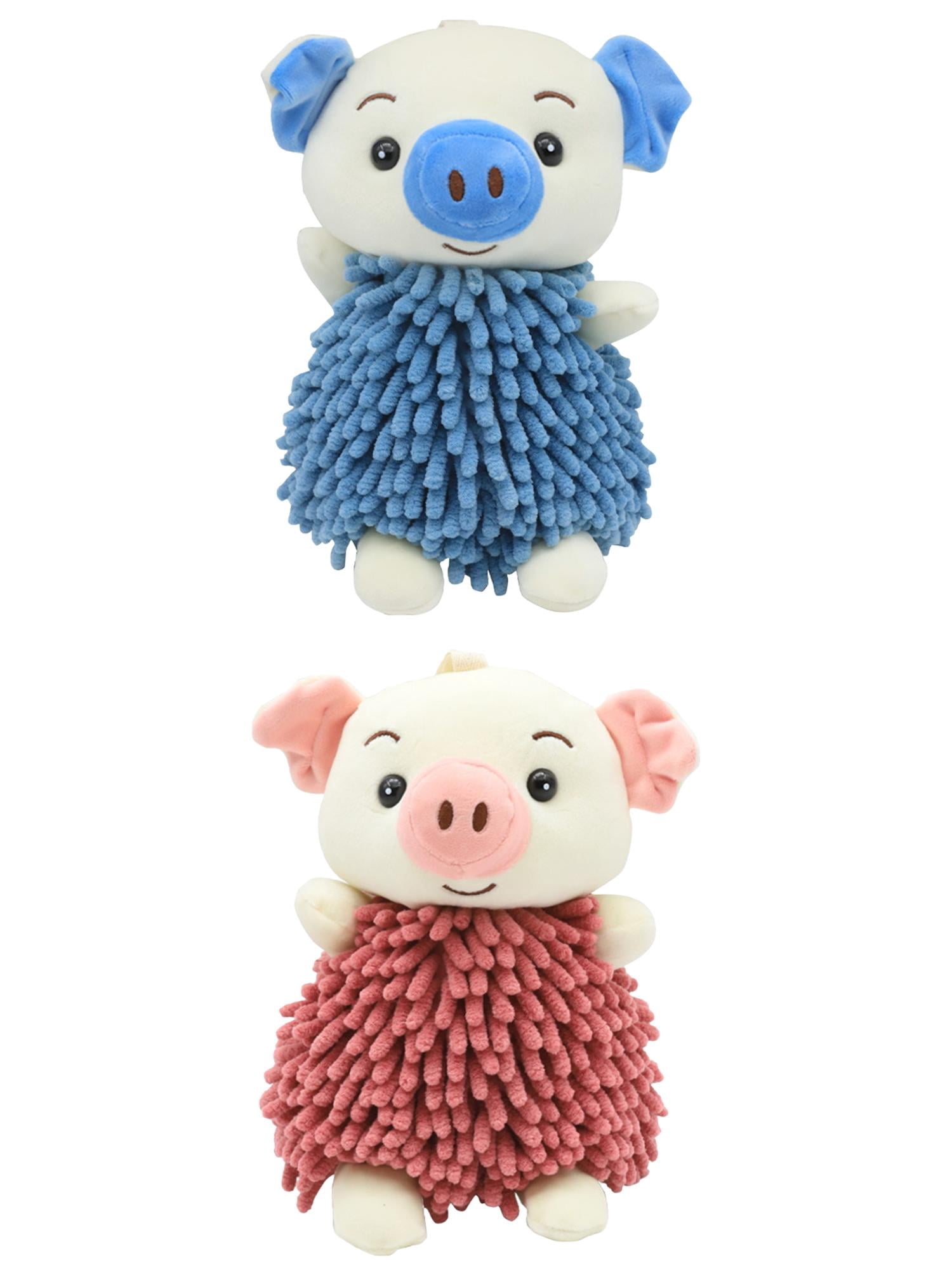 NOMADIC NOOK Cute Cartoon Piggy Chenille Plush Ball Hand Towels, 2 PC Soft Absorbent Hanging Hand Towel for Bathroom Kitchen 7" x 11" Blue/Indian Red