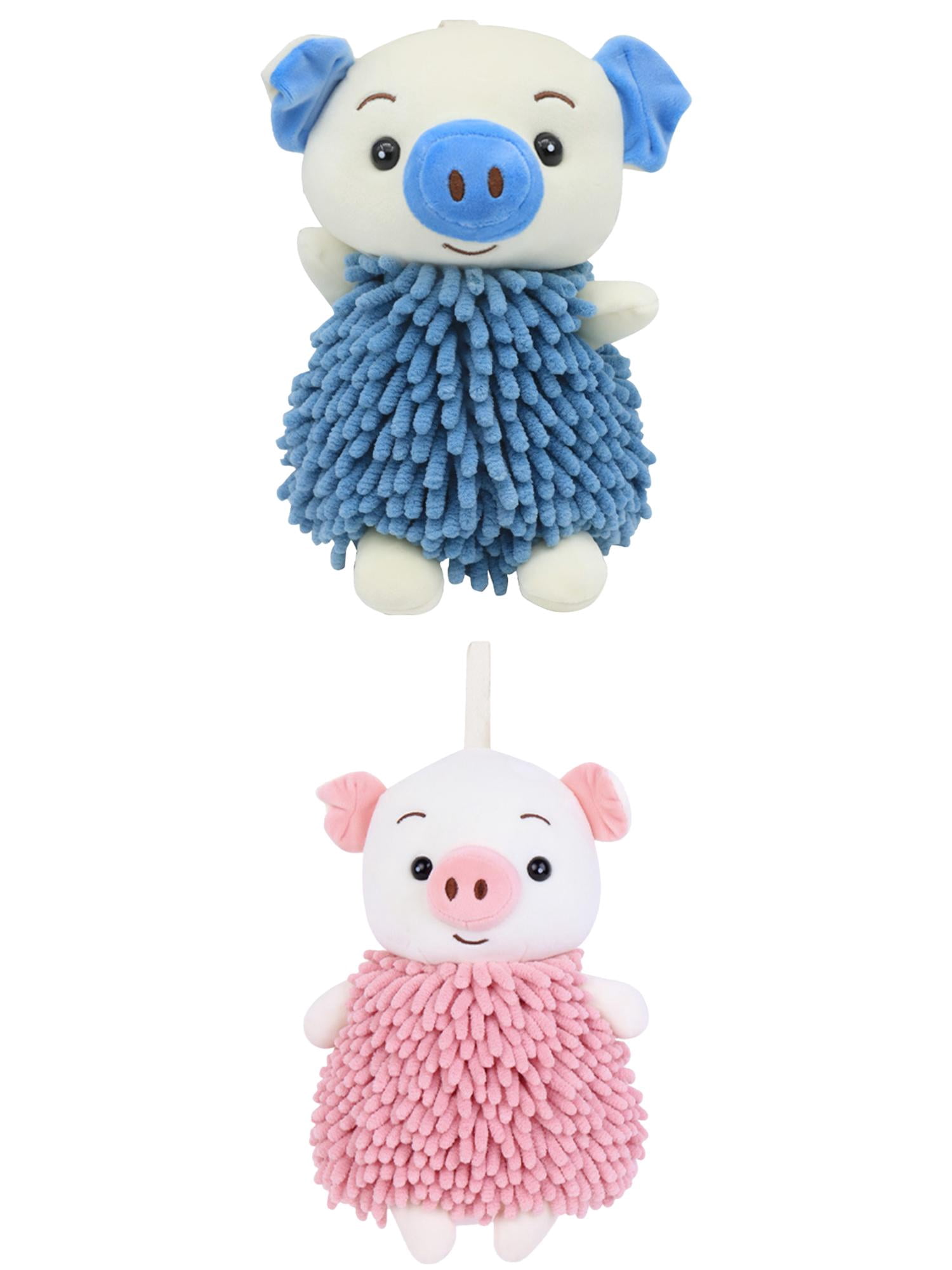 NOMADIC NOOK Cute Cartoon Piggy Chenille Plush Ball Hand Towels, 2 PC Soft Absorbent Hanging Hand Towel for Bathroom Kitchen 7" x 11" Blue/Pink