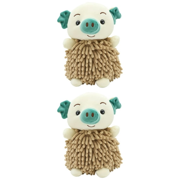 NOMADIC NOOK Cute Cartoon Piggy Chenille Plush Ball Hand Towels, 2 PC Soft Absorbent Hanging Hand Towel for Bathroom Kitchen 7" x 11" Brown