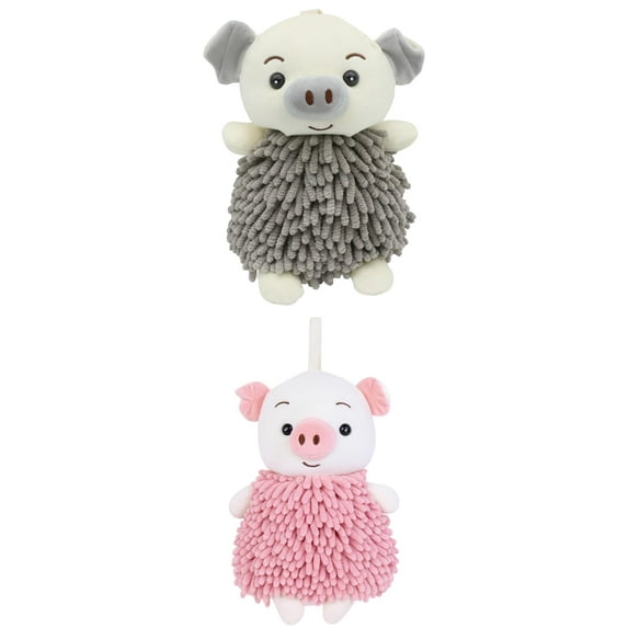 NOMADIC NOOK Cute Cartoon Piggy Chenille Plush Ball Hand Towels, 2 PC Soft Absorbent Hanging Hand Towel for Bathroom Kitchen 7" x 11" Grey/Pink