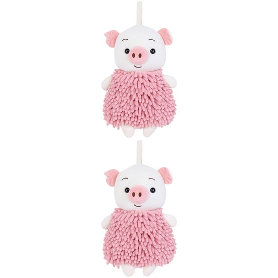 NOMADIC NOOK Cute Cartoon Piggy Chenille Plush Ball Hand Towels, 2 PC Soft Absorbent Hanging Hand Towel for Bathroom Kitchen 7" x 11" Pink