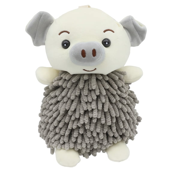 REGALWOVEN Cute Cartoon Piggy Chenille Plush Ball Hand Towels, 1 PC Soft Absorbent Hanging Hand Towel for Bathroom Kitchen Grey 7" x 11"