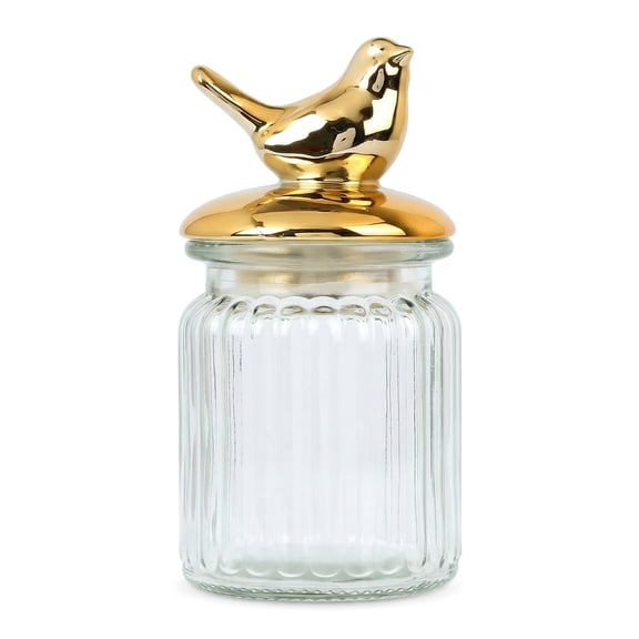 REGALWOVEN Decorative Glass Jar with Gold Animal Lid -Small Canister, 8.5oz/250ml Modern Home Decor for Bathroom & Kitchen Golden Bird 3" x 3" x 5.5"