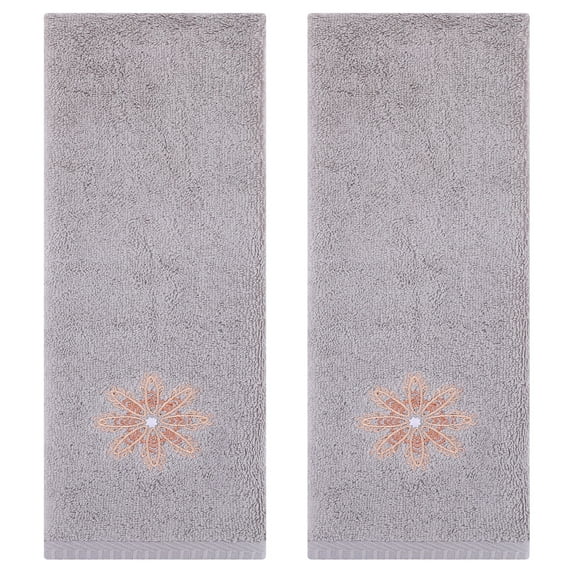 REGALWOVEN Embroidered Floral Pattern Decorative Hand Towels Set of 2 Cotton Absorbent Soft Bathroom Hand Towel Set Light Grey 13" x 30"