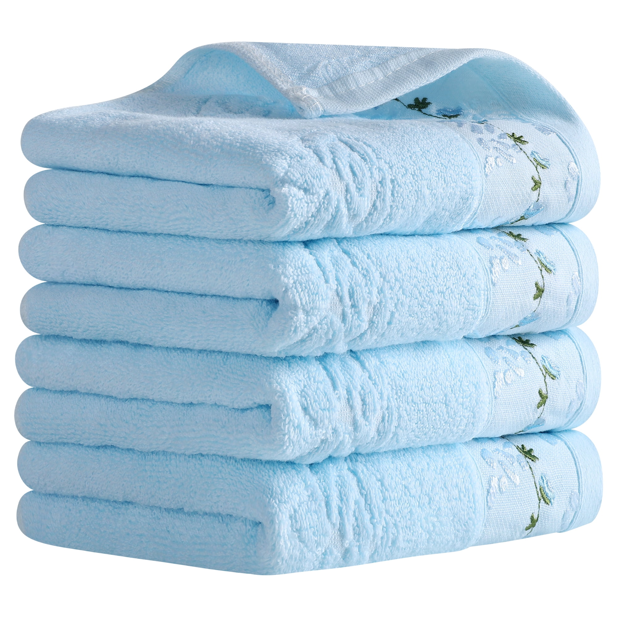 REGALWOVEN Floral Embroidered Hand Towels for Bathroom, 13 x 29 Inch Soft Absorbent Decorative Towel for Bath, Kitchen, Spa, Gym Blue 4-Piece