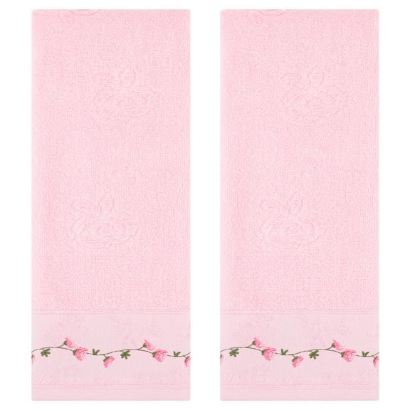 REGALWOVEN Floral Embroidered Hand Towels for Bathroom, 13 x 29 Inch Soft Absorbent Decorative Towel for Bath, Kitchen, Spa, Gym Pink 2-Piece