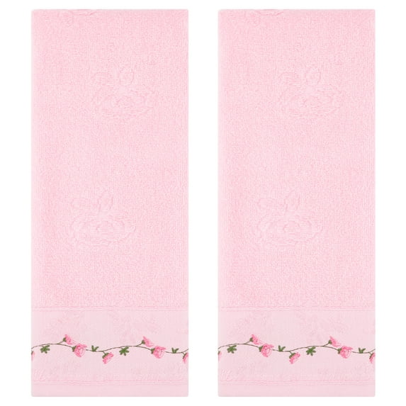 REGALWOVEN Floral Embroidered Hand Towels for Bathroom, 13 x 29 Inch Soft Absorbent Decorative Towel for Bath, Kitchen, Spa, Gym Pink 2-Piece