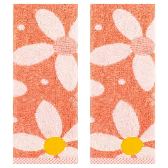 REGALWOVEN Floral Pattern Pure Cotton Soft Absorbent Decorative Hand Towels for Bathroom 13 x 29 Inch Orange 2-Piece