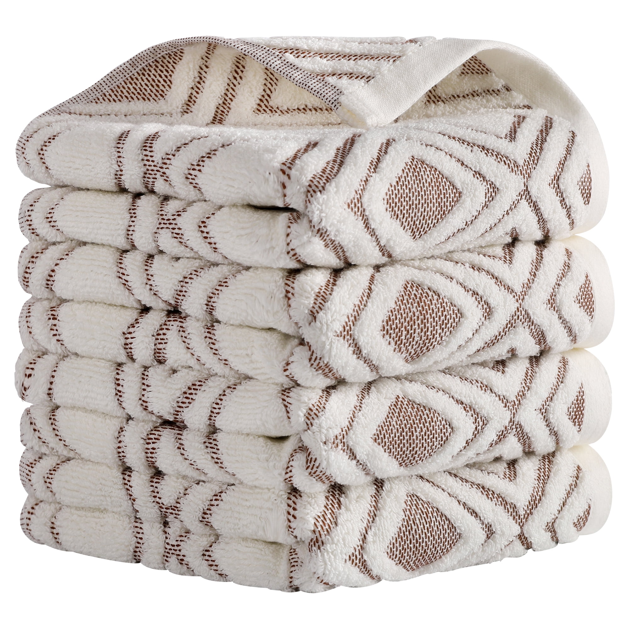 REGALWOVEN Geometric Pattern Cotton Decorative Hand Towels, 13 x 29 Inch Absorbent Soft Towel for Hand Drying and Face Washing Beige 4-Piece