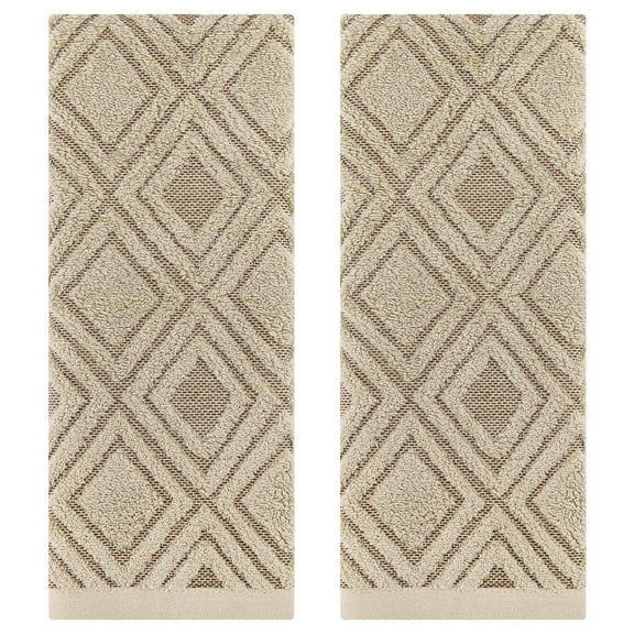 REGALWOVEN Geometric Pattern Cotton Decorative Hand Towels, 13 x 29 Inch Absorbent Soft Towel for Hand Drying and Face Washing Brown 2-Piece