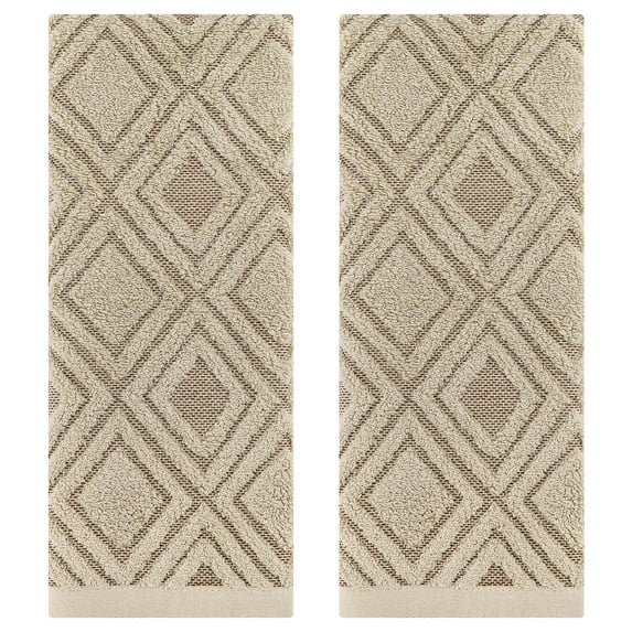 REGALWOVEN Geometric Pattern Cotton Decorative Hand Towels, 13 x 29 Inch Absorbent Soft Towel for Hand Drying and Face Washing Brown 2-Piece