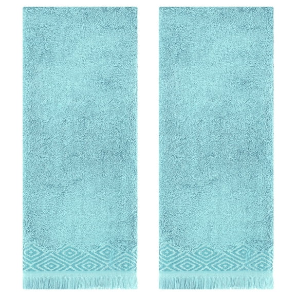 REGALWOVEN Geometric Patterns Turkish Decorative Hand Towels Set of 2, Soft and Absorbent for Bathroom and Kitchen Blue 13" x 29"