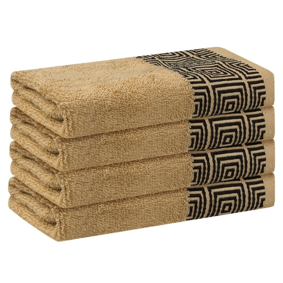 REGALWOVEN Geometric Patterns Washcloths Set, Cotton Bath Towels, Low Linting Face Towels for Bathroom, Hotel, Spa 13" x 13" Light Brown 4 Pack