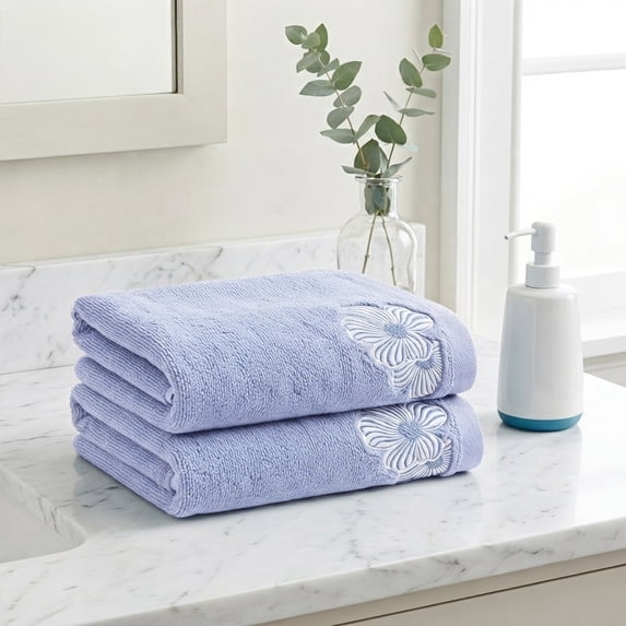 REGALWOVEN Hand Towels Set of 2 Embroidered Floral Pattern Decorative Towel Cotton Absorbent Soft Bathroom Hand Towel Set Light Grey 14" x 31"