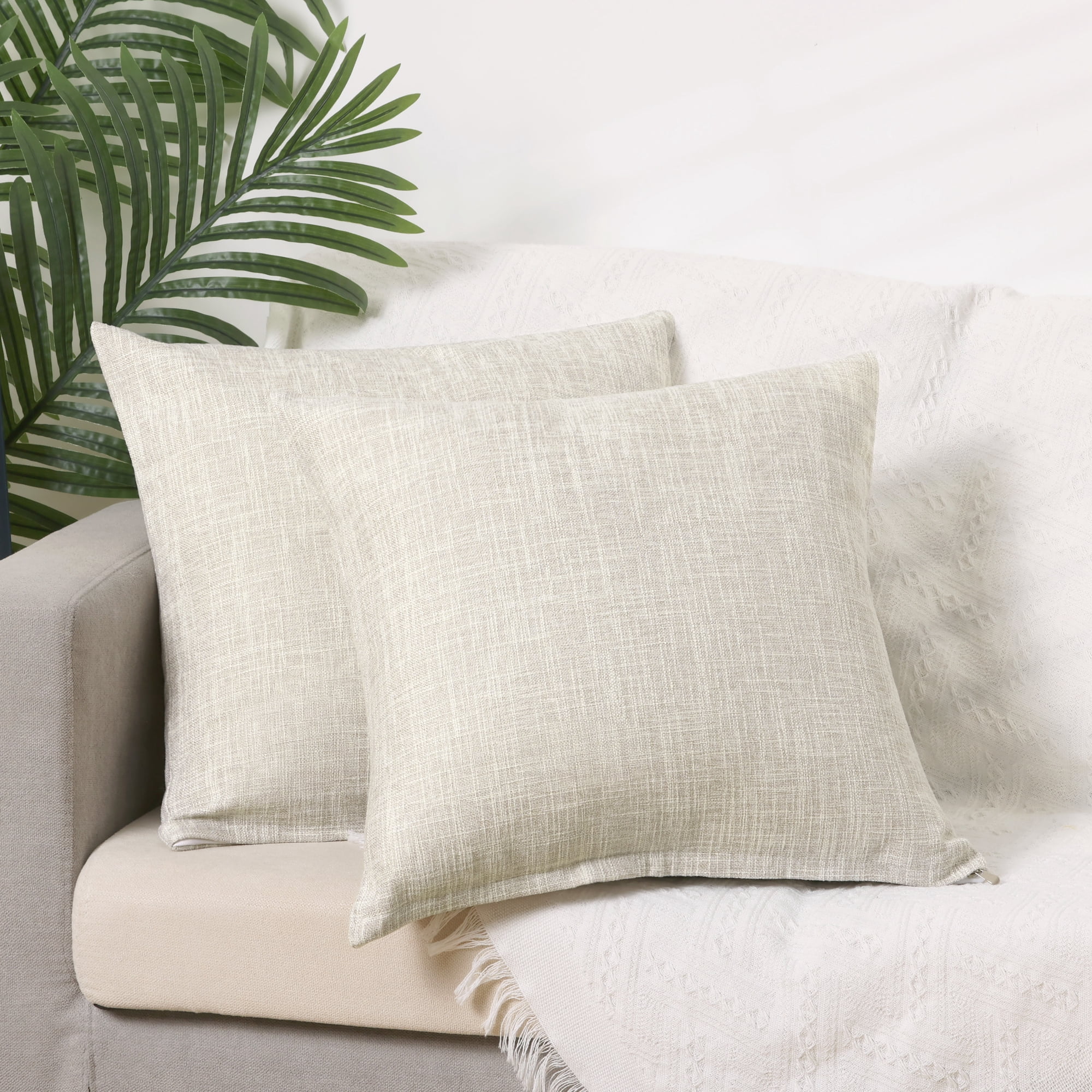 REGALWOVEN Linen Farmhouse Decorative Throw Pillow Covers Rustic Square Cushion Covers Set of 2 for Home Sofa Couch Beige 18" x 18"
