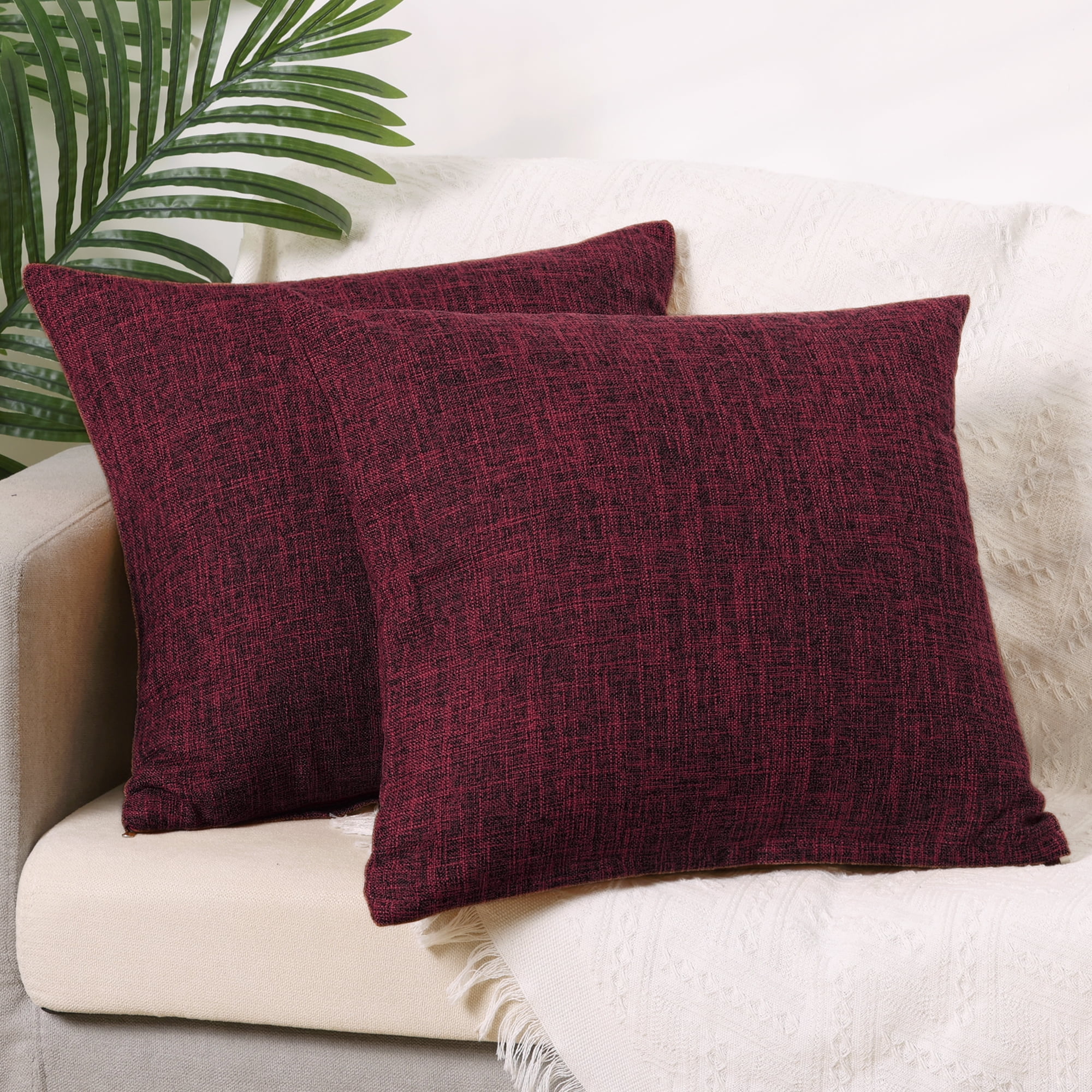 REGALWOVEN Linen Farmhouse Decorative Throw Pillow Covers Rustic Square Cushion Covers Set of 2 for Home Sofa Couch Claret 16" x 16"