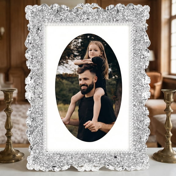 REGALWOVEN Modern Plated Picture Frame with Crystal for Wedding, Shiny Photo Frames with Clear Glass on the Desk Silver Oval Shape 4"x6"