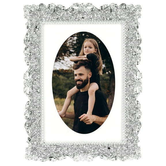REGALWOVEN Modern Plated Picture Frame with Crystal for Wedding, Shiny Photo Frames with Clear Glass on the Desk Silver Oval Shape 4"x6"