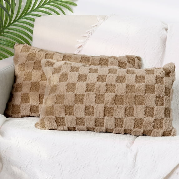 REGALWOVEN Pack of 2 Faux Fur Soft Plaid Decorative Throw Pillow Covers Square Plush Pillowcase Brown 12" x 20"