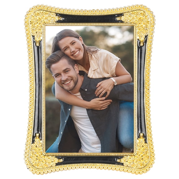 REGALWOVEN Plated Picture Frame with Crystal for Wedding Shiny with Clear Glass Photo Frames for Tabletop Decor Gold and Black 5x7